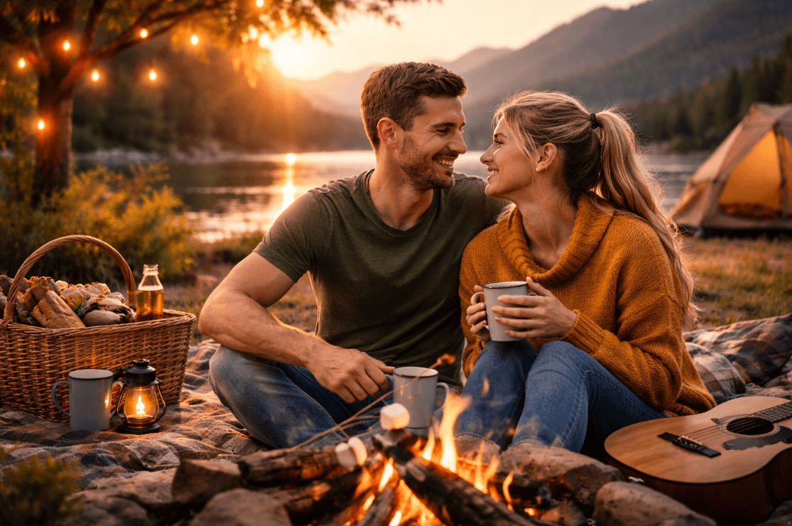 Pasangan berkencan di api unggun