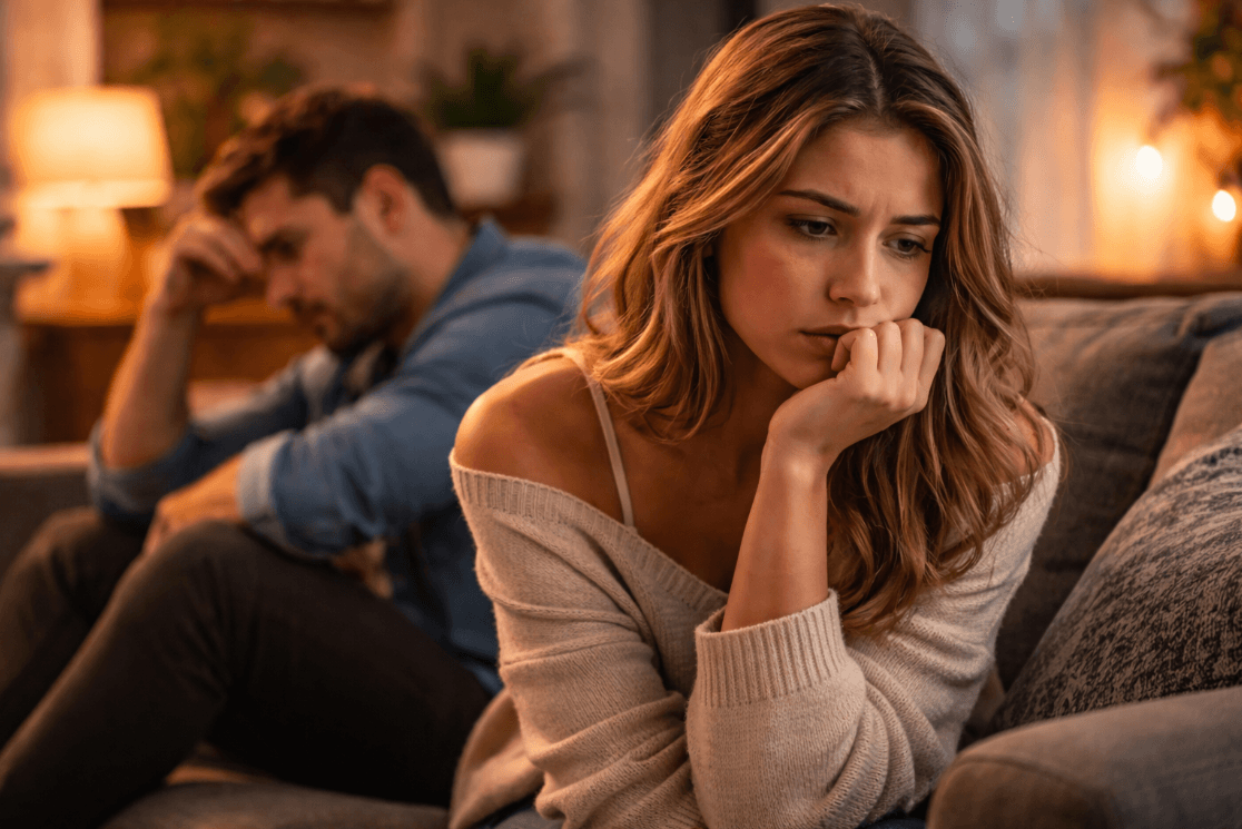 Pasangan di sofa membahas penyebab perselingk