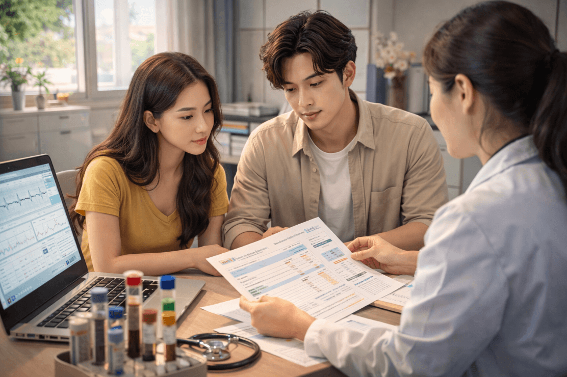 Pasangan mencari informasi tes kesehatan pra-