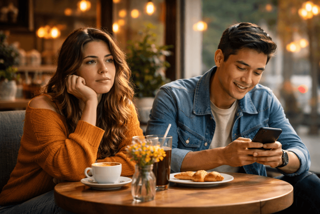 Pasangan sibuk dengan ponsel di meja