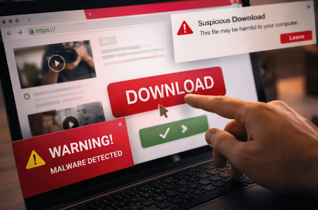 Person pointing at computer screen showing virus warning signs