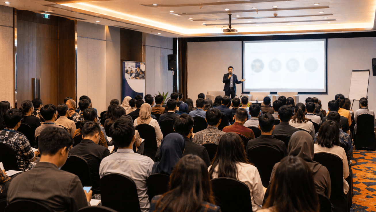Pria berbicara di depan peserta seminar