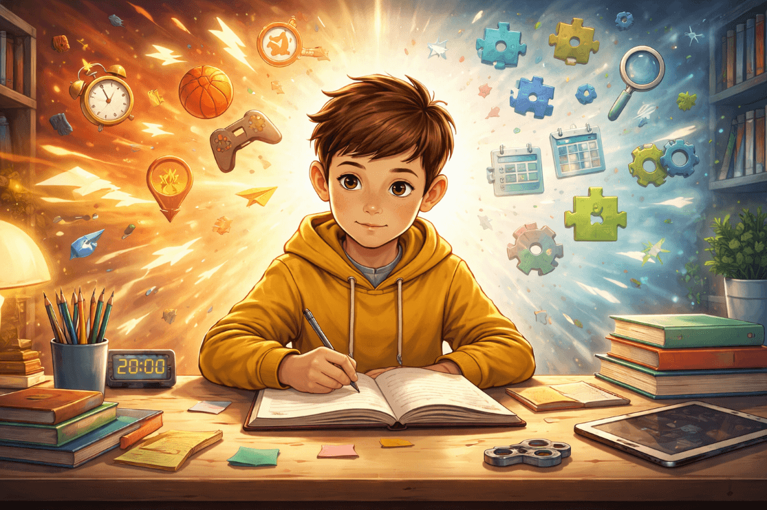 Seorang anak laki-laki belajar di meja,