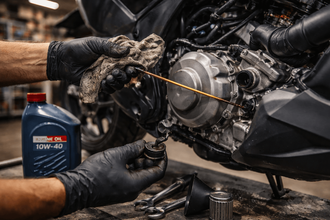 Seorang pria sedang memeriksa mesin motor