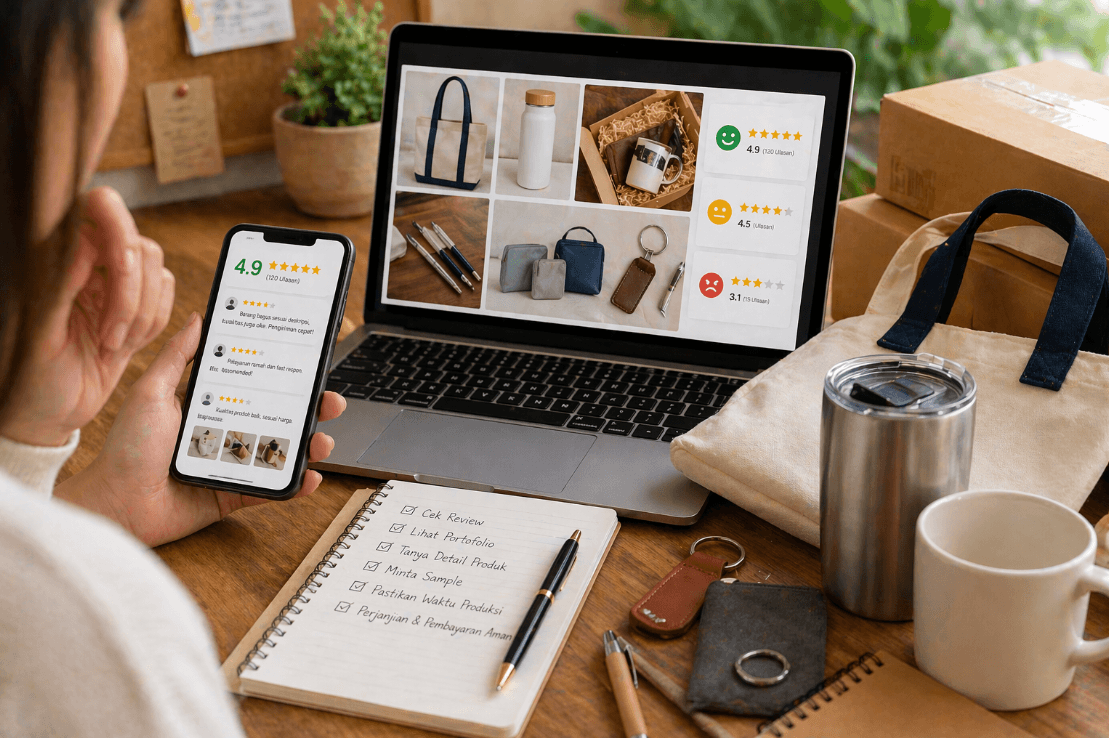 Wanita memeriksa informasi produsen souvenir di laptop