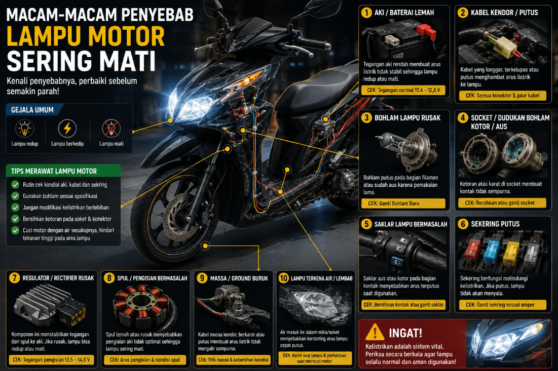 Motor dengan bagian-bagian yang diberi label terkait lampu