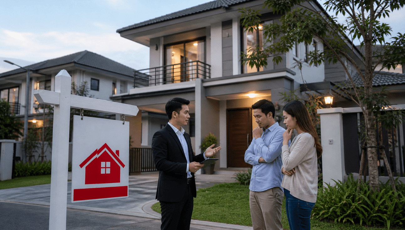 Pasangan di depan rumah yang dijual