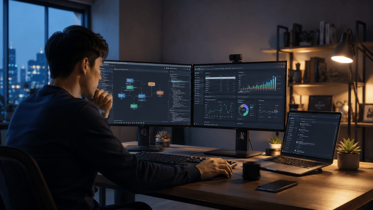 Pria bekerja di meja dengan dua monitor komputer