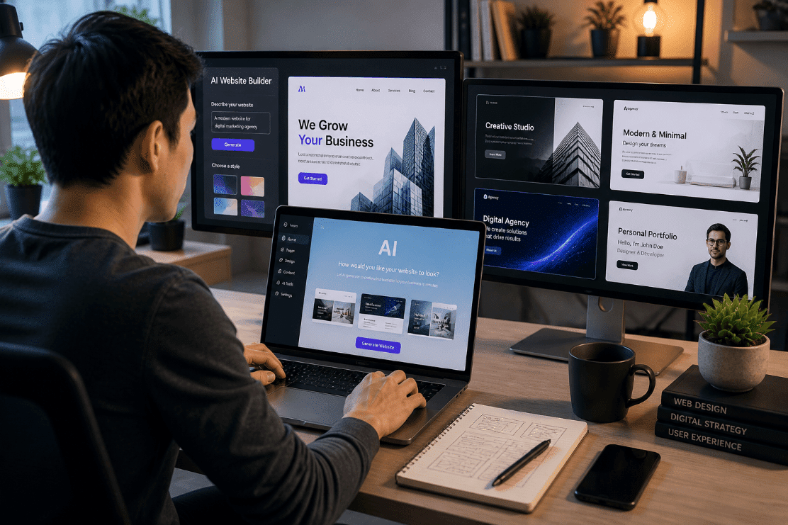 Pria menggunakan laptop di meja,