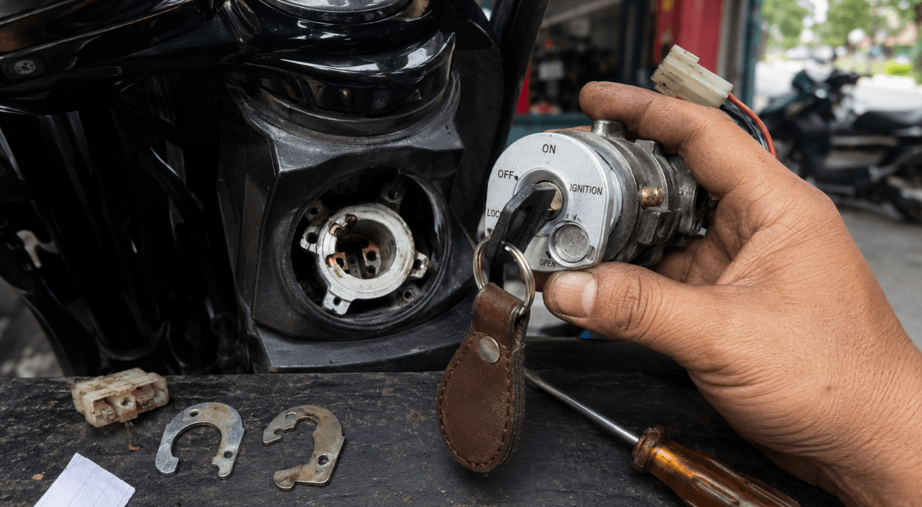 Pria sedang memperbaiki mesin motor